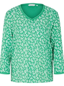 T-shirt en viscose verte à motifs liberty blanc et col V à liseré blanc