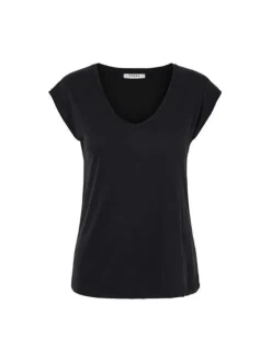 T-shirt femme noir uni avec une coupe droite un col en V et des manches courtes
