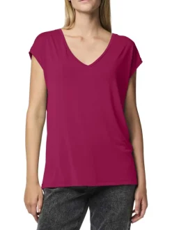 T-shirt fuchsia uni avec un col v et des manches très courtes