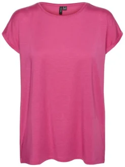 T-shirt fuchsia uni à coupe droite avec un col v et des manches courtes