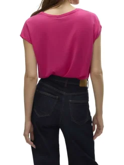 T-shirt fuchsia uni à coupe droite avec un col v et des manches courtes