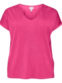 T-shirt fuchsia uni à coupe droite col v et à manches courtes