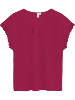 T-shirt fuchsia uni pourvu d'une coupe droite et de manches en dentelle