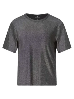 T-shirt gris anthracite à lurex avec une coupe droite fluide et un col rond
