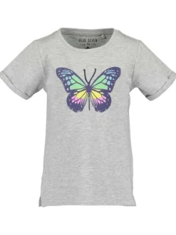 T-shirt gris chiné en coton avec papillon floqué à col rond et manches courtes