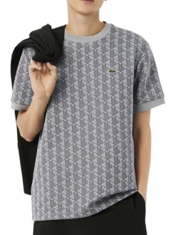 T-shirt gris à coupe droite pourvu d'un col rond et de manches courtes