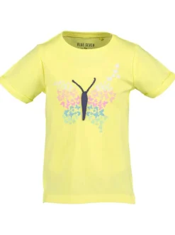 T-shirt jaune en coton motif papillon à manches courtes réversibles et col rond
