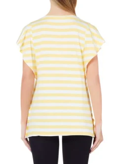 T-shirt jaune rayé coupe droite avec un col v et des manches courtes