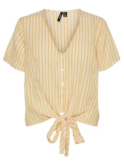 T-shirt jaune rayé en coton avec une coupe droite à col V