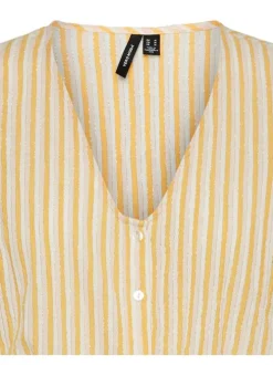 T-shirt jaune rayé en coton avec une coupe droite à col V