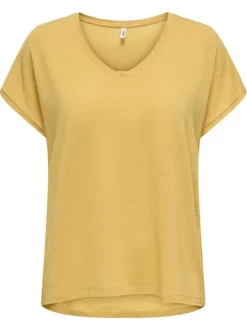 T-shirt jaune à rayures fines pailletées avec une coupe fluide et un col v