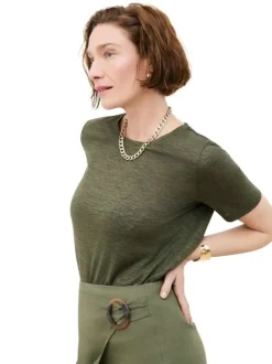 T-shirt kaki à coupe droite pourvu d'un col rond et de manches courtes
