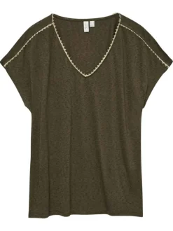 T-shirt kaki à coupe droite pourvu d'un col v et de manches courtes