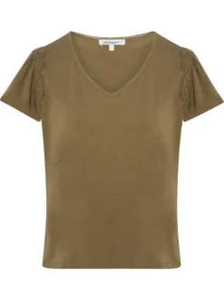 T-shirt kaki à coupe droite pourvu d'un col v et de manches courtes