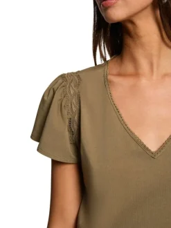 T-shirt kaki à coupe droite pourvu d'un col v et de manches courtes