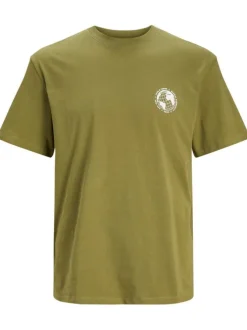 T-shirt kaki en coton mélangé avec un coupe droite et un imprimé dorsal