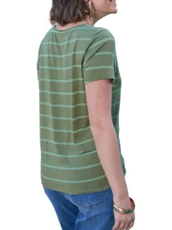 T-shirt kaki rayé à coupe droite avec un col rond et des manches courtes