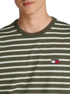 T-shirt kaki rayé en coton avec logo iconique sur la poitrine avec un col rond