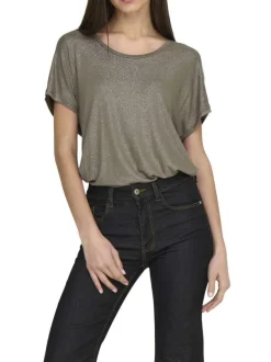 T-shirt kaki satiné avec une coupe ample et un col rond large