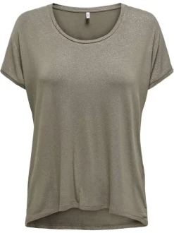T-shirt kaki satiné avec une coupe ample et un col rond large