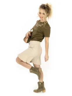 T-shirt kaki strass à coupe droite col rond et à manches courtes