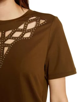 T-shirt kaki strass à coupe droite col rond et à manches courtes