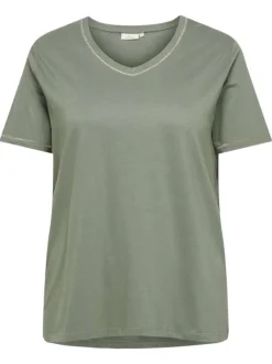 T-shirt kaki uni avec une coupe ajustée un col v et des manches courtes