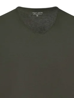 T-shirt kaki uni avec une coupe droite col v et des manches courtes