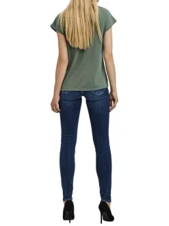 T-shirt kaki uni avec une coupe régular col v à manches courtes et coutures ton sur ton