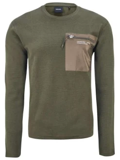 T-shirt kaki uni coupe droite avec un col rond et un empiècement à la poitrine