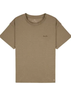 T-shirt kaki uni coupe droite à col rond avec manches courtes et broderie