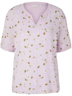 T-shirt lilas fantaisie coupe régular avec un col tunisien et un imprimé floral