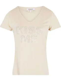 T-shirt manches courtes beige uni avec une coupe droite et un col v