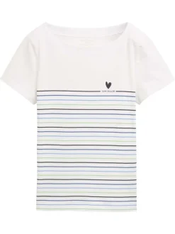 T-shirt manches courtes blanc en coton rayé à coupe droite avec col rond large