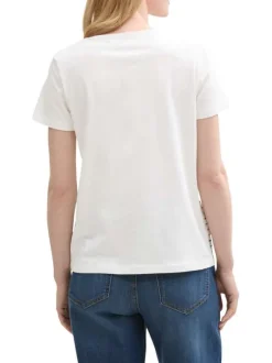 T-shirt manches courtes blanc en coton rayé à coupe droite avec col rond large