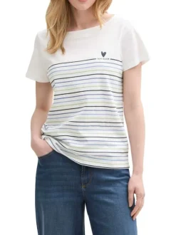 T-shirt manches courtes blanc en coton rayé à coupe droite avec col rond large