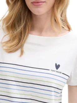T-shirt manches courtes blanc en coton rayé à coupe droite avec col rond large