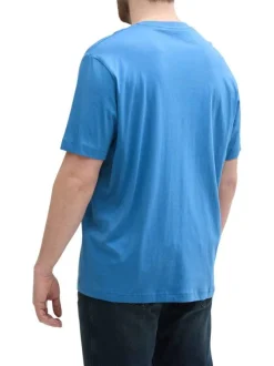 T-shirt manches courtes bleu imprimé blanc en coton à coupe droite et col rond