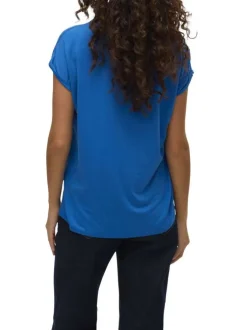 T-shirt manches courtes bleu uni avec une coupe droite et un col v