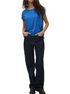 T-shirt manches courtes bleu uni avec une coupe droite et un col v