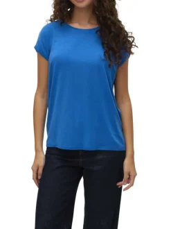T-shirt manches courtes bleu uni avec une coupe droite et un col v