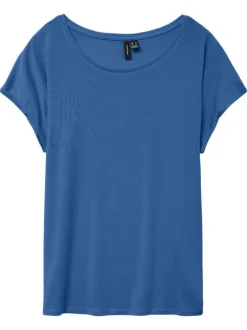 T-shirt manches courtes bleu uni avec une coupe droite et un col v