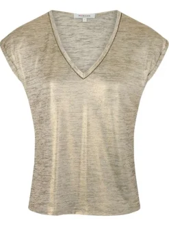T-shirt manches courtes doré uni à coupe droite avec un col v