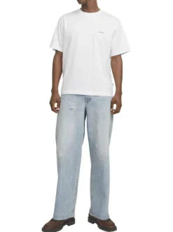 T-shirt manches courtes en coton blanc avec col rond et palmiers imprimés au dos
