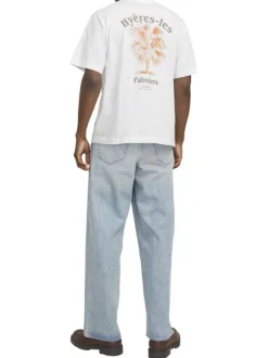 T-shirt manches courtes en coton blanc avec col rond et palmiers imprimés au dos