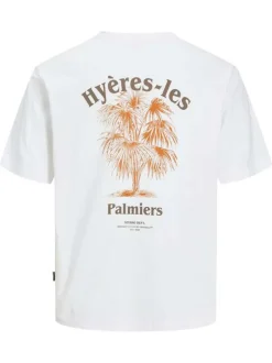 T-shirt manches courtes en coton blanc avec col rond et palmiers imprimés au dos