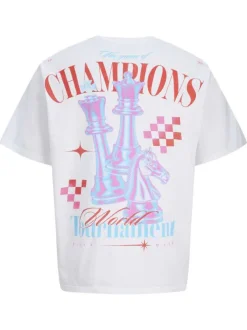 T-shirt manches courtes en coton blanc avec un imprimé échecs et un col rond