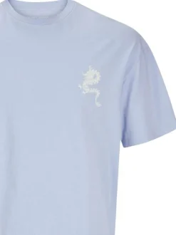T-shirt manches courtes en coton bleu denim imprimé à col rond avec coupe ample