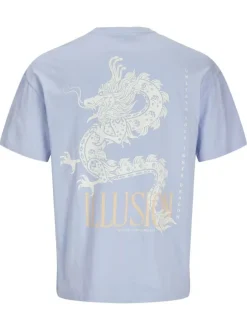 T-shirt manches courtes en coton bleu denim imprimé à col rond avec coupe ample