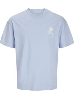 T-shirt manches courtes en coton bleu denim imprimé à col rond avec coupe ample